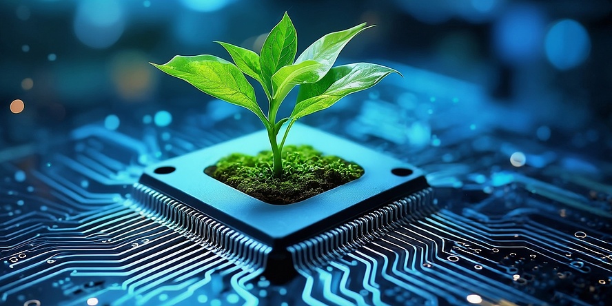 Green plant emerges from blue microchip. 