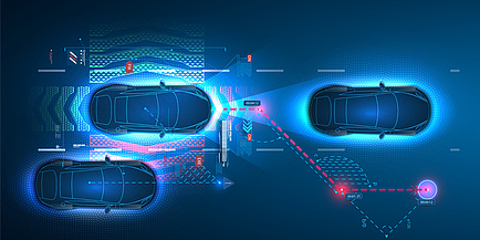 A computer graphic showing three cars from a bird's eye view and computer inputs