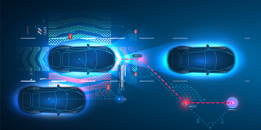 A computer graphic showing three cars from a bird's eye view and computer inputs