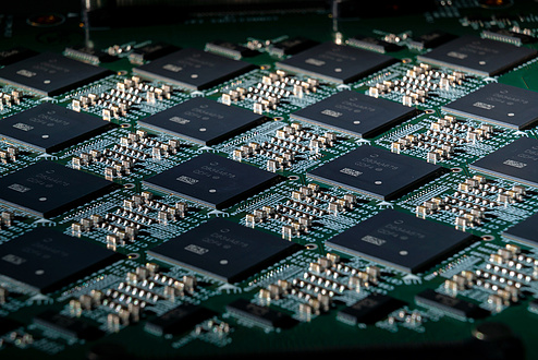Close-up of loihi chips on a hard drive 