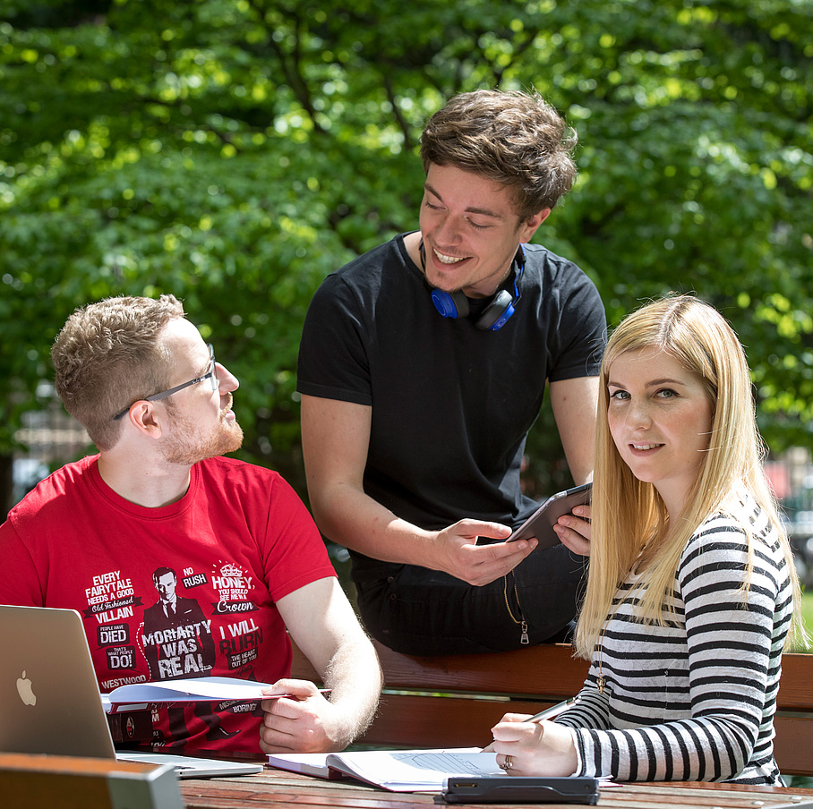 Drei Studierende lernen im Freien.