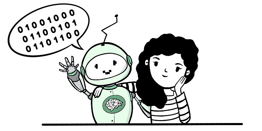 Grafische Darstellung eines Roboters und eines Mädchens. Über dem Roboter stehen viele Nuller und Einser.