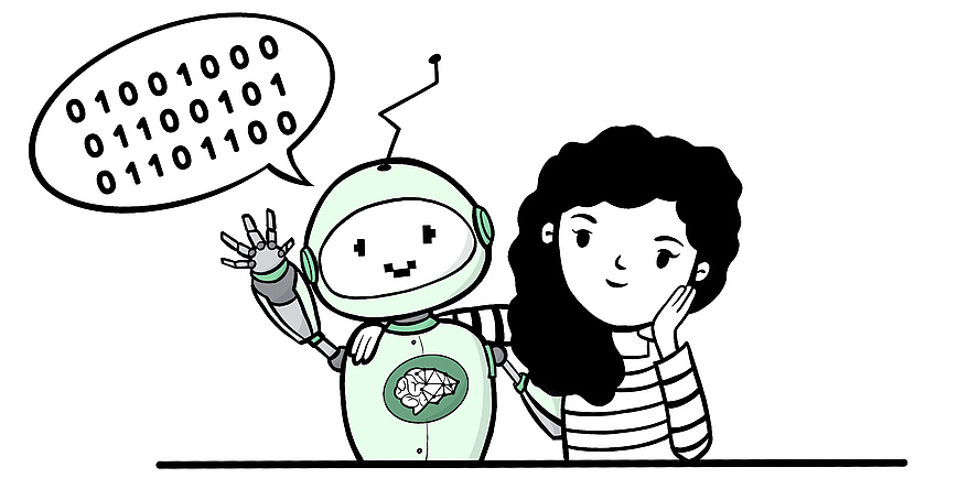 Grafische Darstellung eines Roboters und eines Mädchens. Über dem Roboter stehen viele Nuller und Einser.