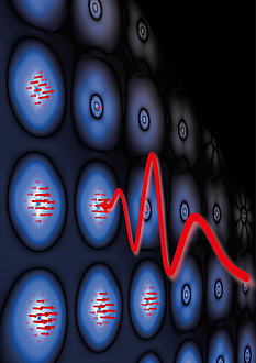 Luminous elements, from which red arrows penetrate to the outside and from left to right flows a large red arrow