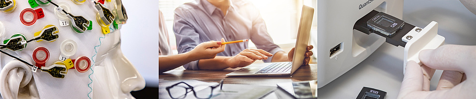 Three situations are illustrated: The white head of a mannequin is wearing a hood with coloured electrodes. Two people sit in front of an open laptop. A hand in a white glove pushes a small black object into a white device.