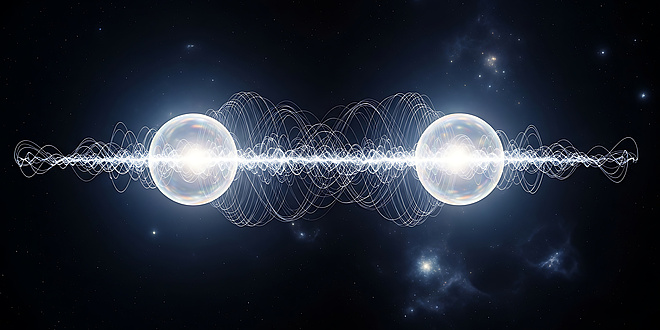 two spheres connected by a bright line.