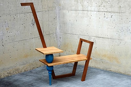 Piece of furniture made of walnut, oak panels and turquoise turned leg