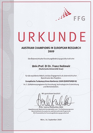 Prof. Heitmeir was honoured by the Austrian Research Promotion Agency for his excellent work as coordinator and host of the 8th European Turbomachinery Conference.