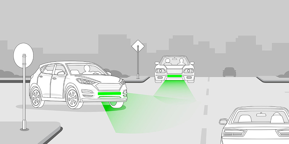 Graphic of a road situation in which three cars meet at a junction. The two cars that can be seen from the front have green brake lights at the front.