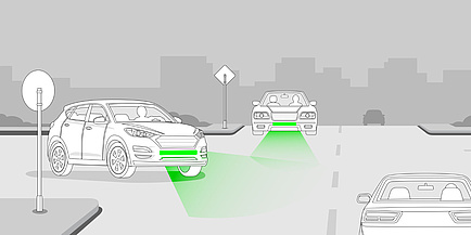 Graphic of a road situation in which three cars meet at a junction. The two cars that can be seen from the front have green brake lights at the front.