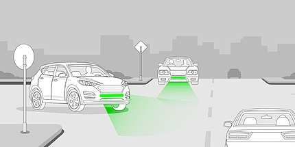 Graphic of a road situation in which three cars meet at a junction. The two cars that can be seen from the front have green brake lights at the front.