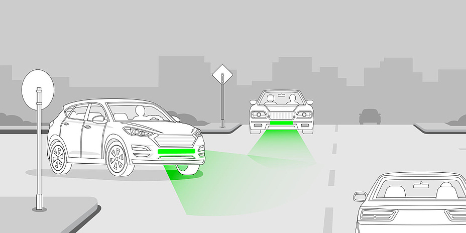 Grafik einer Straßensituation, bei der drei Autos an einer Kreuzung aufeinandertreffen. Die zwei Autos, die von vorne zu sehen sind, haben vorne grüne Bremslichter.