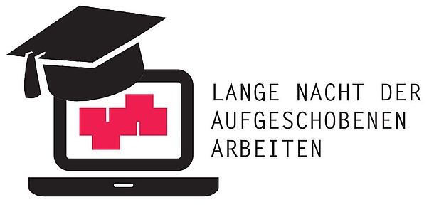 Grafische Darstellung eines Notebooks mit TU Graz-Logo auf dem Bildschirm. Darüber ein Doktorhut.
