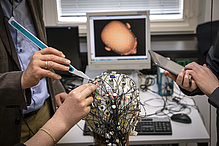 Head with wired EEG hood from behind, several hands, a screen with a head model.