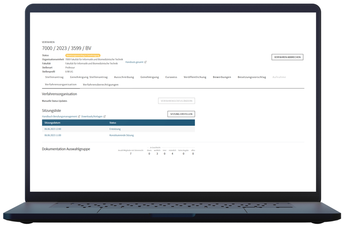 Ein Bild eines Laptopbildschirms, worauf der Abschnitt "Verfahrensorganisation" im Jobportal von ePas+ zu sehen ist. 