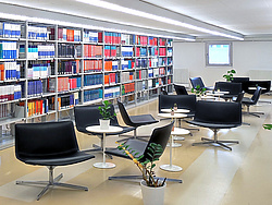 The lounge area of the main library features seating and plants positioned amongst the bookshelves.