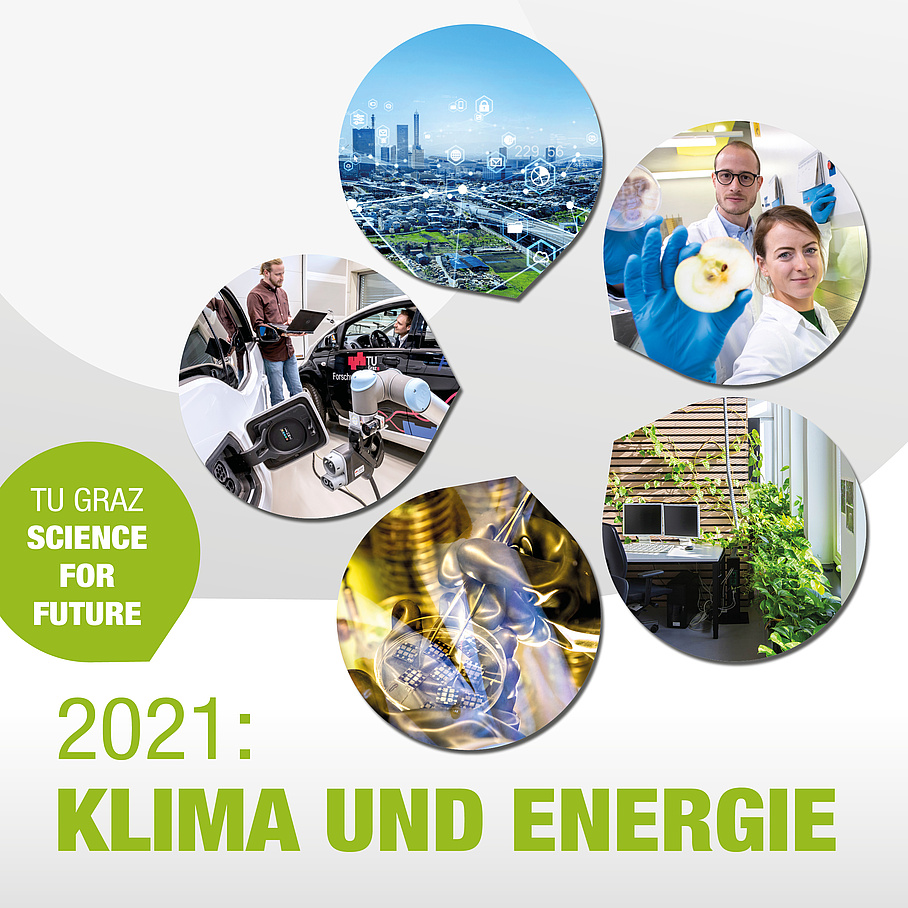 Fünf Kreise mit Bildern zu einzelnen Fields of Expertise. Darunter Text: TU Graz Science for Future - 2021: Klima und Energie