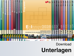 Reihe bunter Programmhefte mit dem zentralen gelben Cover „EnInnov2026 19. Symposium Energieinnovation – Innovationen für eine zukunftsfähige Energiewirtschaft, 11.–13. Februar 2026, TU Graz, Österreich“ und darunter der Hinweis „Download Unterlagen“.