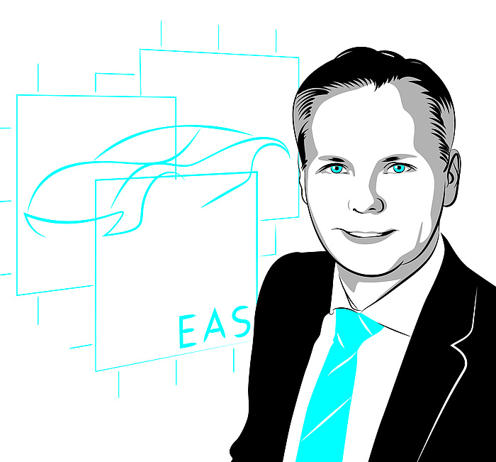 Eine Zeichnung von Marcel Carsten Baunach. Im Hintergrund ist ein schematisches Auto und die Buchstaben EAS zu sehen.