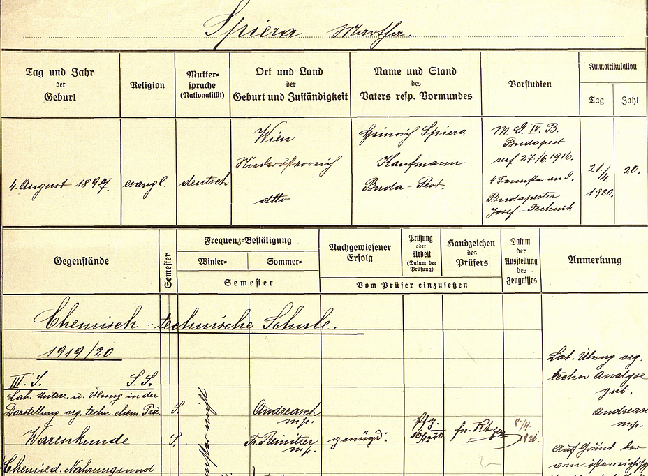 Handwritten document titled Spiera Martha. The register contains an abundance of information. An underlined subtitle reads School of Chemistry and Technology 1919/20.