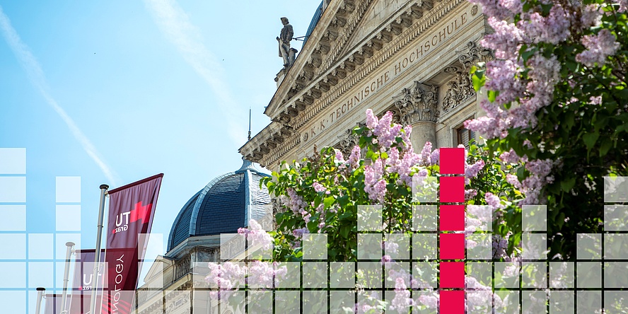 A section of the upper area of a historic university building with the top end of three red flags to the left in the image and a graphic image superimposed upon it showing light and red square boxes.