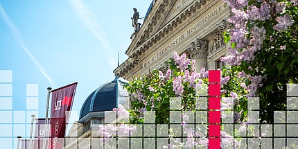 A section of the upper area of a historic university building with the top end of three red flags to the left in the image and a graphic image superimposed upon it showing light and red square boxes.