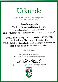 Urkunde Forschungspreis für Simulation und Modellierung des Landes Steiermark 2011.