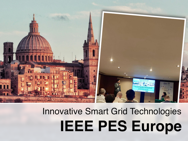 Panorama von Valletta mit der Kuppel und dem Turm der St.-Pauls-Kathedrale, kombiniert mit einem Vortragssaalbild über „Innovative Smart Grid Technologies – IEEE PES Europe“ vor einem Publikum.