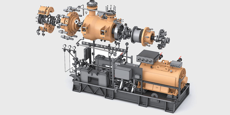 Computer graphic of an electric motor of a large industrial water pump whose individual parts are suspended in the air.