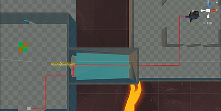 Screenshot eines Computerspiels, bei dem die Spielfigur entlang einer roten Linie durch das Level geführt wird