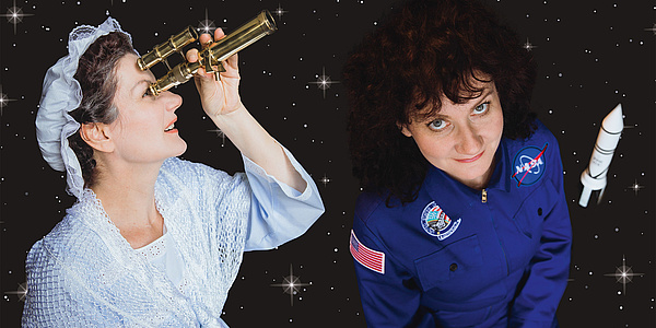 Eine Frau im Raumanzug und eine Frau mit Teleskop