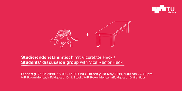 Ein Baumstamm und ein Tisch. Darunter steht "Studierendenstammtisch mit Vizerektor Heck".