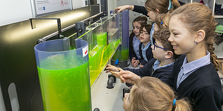 Several children look at a glass structure filled with liquid.