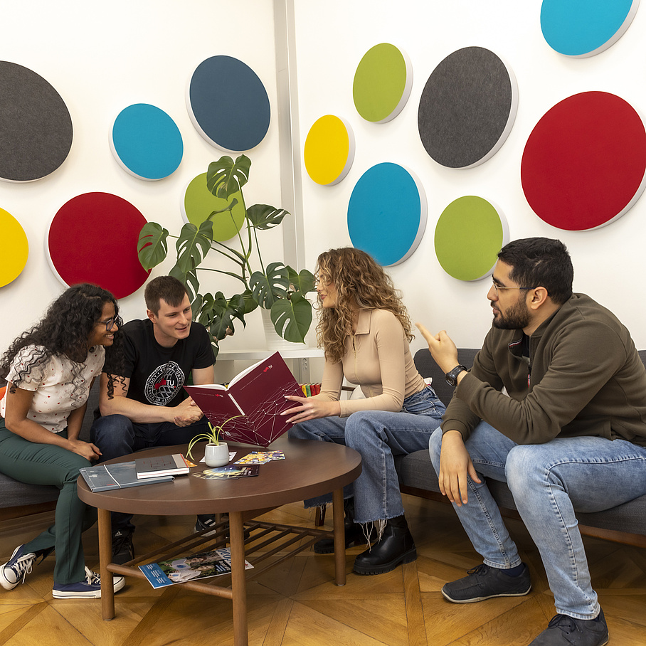 students sitting in the International House 