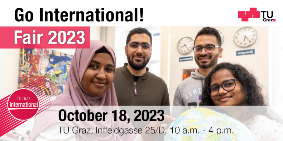 International students standing together holding a globe announcing the Go International Fair 2023, to be held on 23 October 2023.