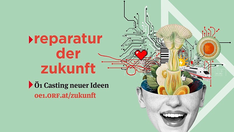 links der rote Schriftzug Reparatur der Zukunft und recht eine bunte Grafik rechts