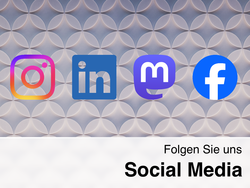 Icons von Instagram, LinkedIn, Mastodon und Facebook auf abstraktem Hintergrund.