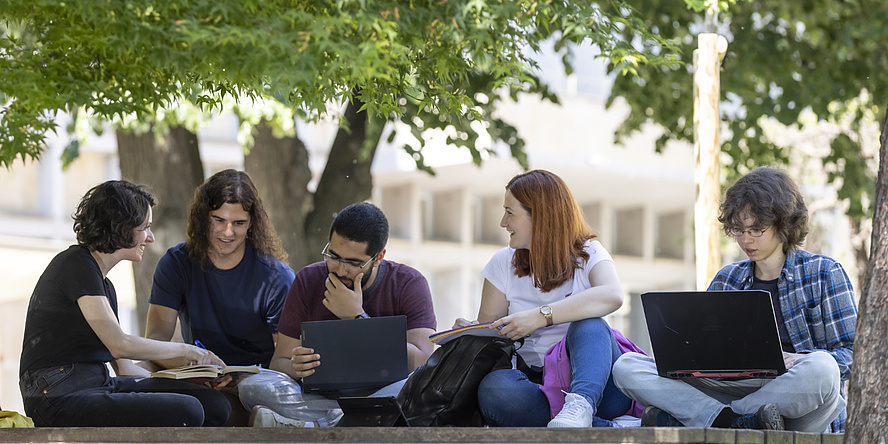 Five people sit together under trees and talk.