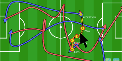 [Translate to Englisch:] Ein grünes Fußballfeld. Links und rechts sind mit weißen Linien schematisch die Tore eingezeichnet. Über dem Feld liegen mehrere rote und blaue Linien, die die Laufwege von Spielerinnen und Spielern darstellen.