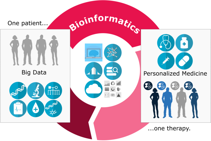 A pink circle encloses several pictures of a computer, a microscope and such. "Bioinformatics" is written in the circle. "One patient..." is written on top of a square. There are several human figures in the square, the words "Big data" and several pictures of a helix, a microscope and such. There is a second square. "...one therapy." is written under it. In the square are several human figures coloured in different shades of blue, the words "Personalized medicine" and pictures of medication and such.