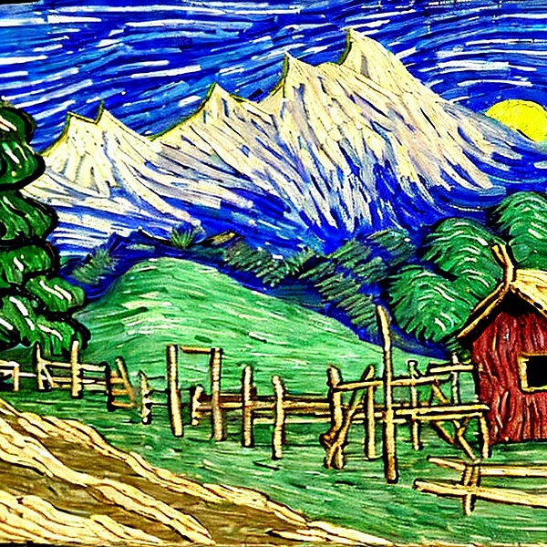 Eine Berghütte in den Alpen im Stil von Vincent van Gogh.