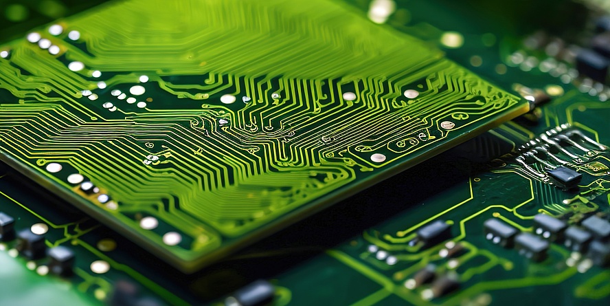 Grüner Mikrochip auf Leiterplatte 