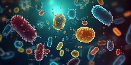 Eine Vielzahl von bunt eingefärbten Darmmikroben scheinen im Raum zu schweben.