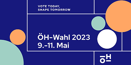 Violetter Banner mit der Aufschrift "ÖH-Wahl 2023 9. bis 11. Mai