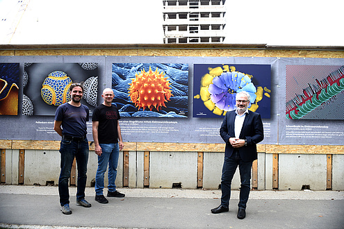 Drei Männer stehen vor einer Wand mit bunten Fotos