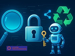 Robot with key in front of an oversized padlock