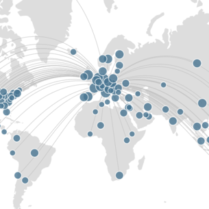 Screenshot of the TU Graz research portal, map of the world showing a network of positions. Photo source: Screenshot graz.pure.elsevier.com