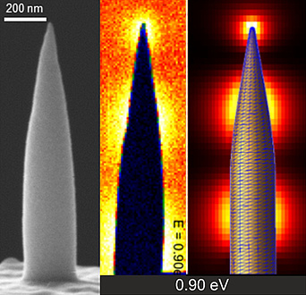 Three conical structures stand side by side - the structure in the centre and the structure on the right are illuminated by circles of light.