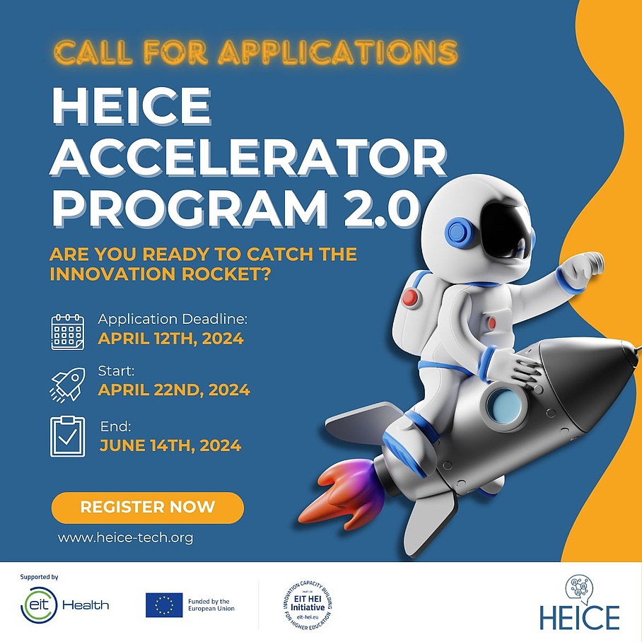 Sujet zum HEICE Acceleration Program 2024: Infos plus Figur im Raumanzug auf einer Rakete
