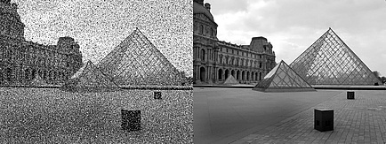Comparison of a photo of the Louvre Pryramides, once with technical image errors, once with correction